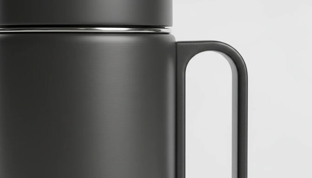 Black insulated stainless steel vacuum flask bottle with handle and screw on lid close-up