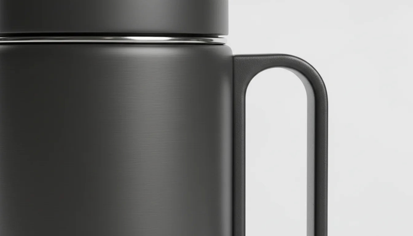 Black insulated stainless steel vacuum flask bottle with handle and screw on lid close-up