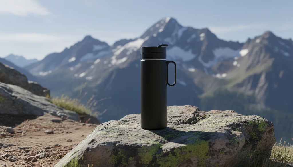 Black insulated water bottle on a rocky mountain outcropping with snow-capped peaks