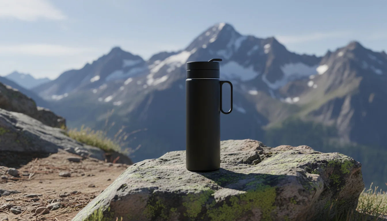 Black insulated water bottle on a rocky mountain outcropping with snow-capped peaks