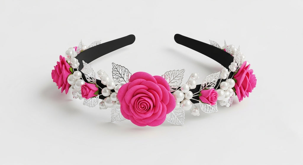 Luxury Pink Rose Floral Headband with Pearls & Silver Leaves