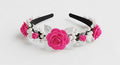 Luxury Pink Rose Floral Headband with Pearls & Silver Leaves