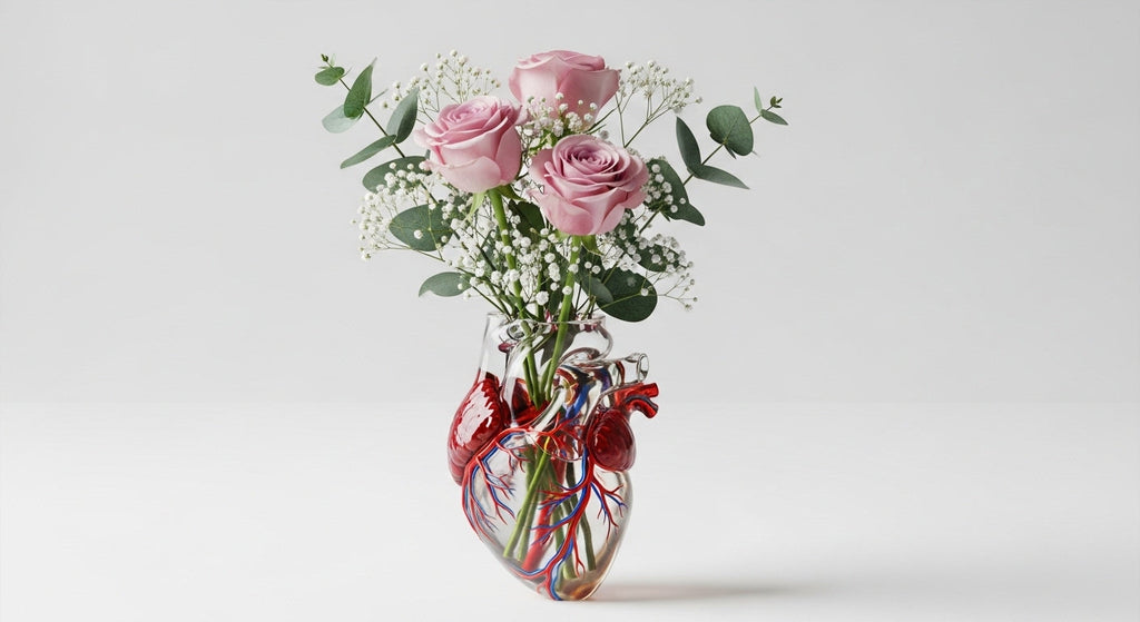 Anatomical Heart Glass Vase with Roses & Floral Arrangement