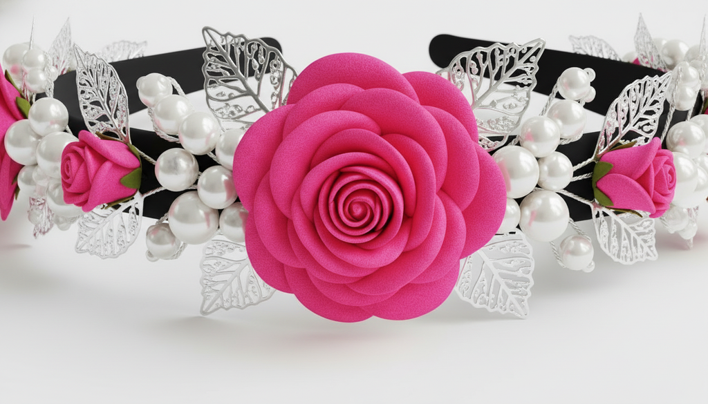 Luxury Pink Rose Floral Headband with Pearls & Silver Leaves