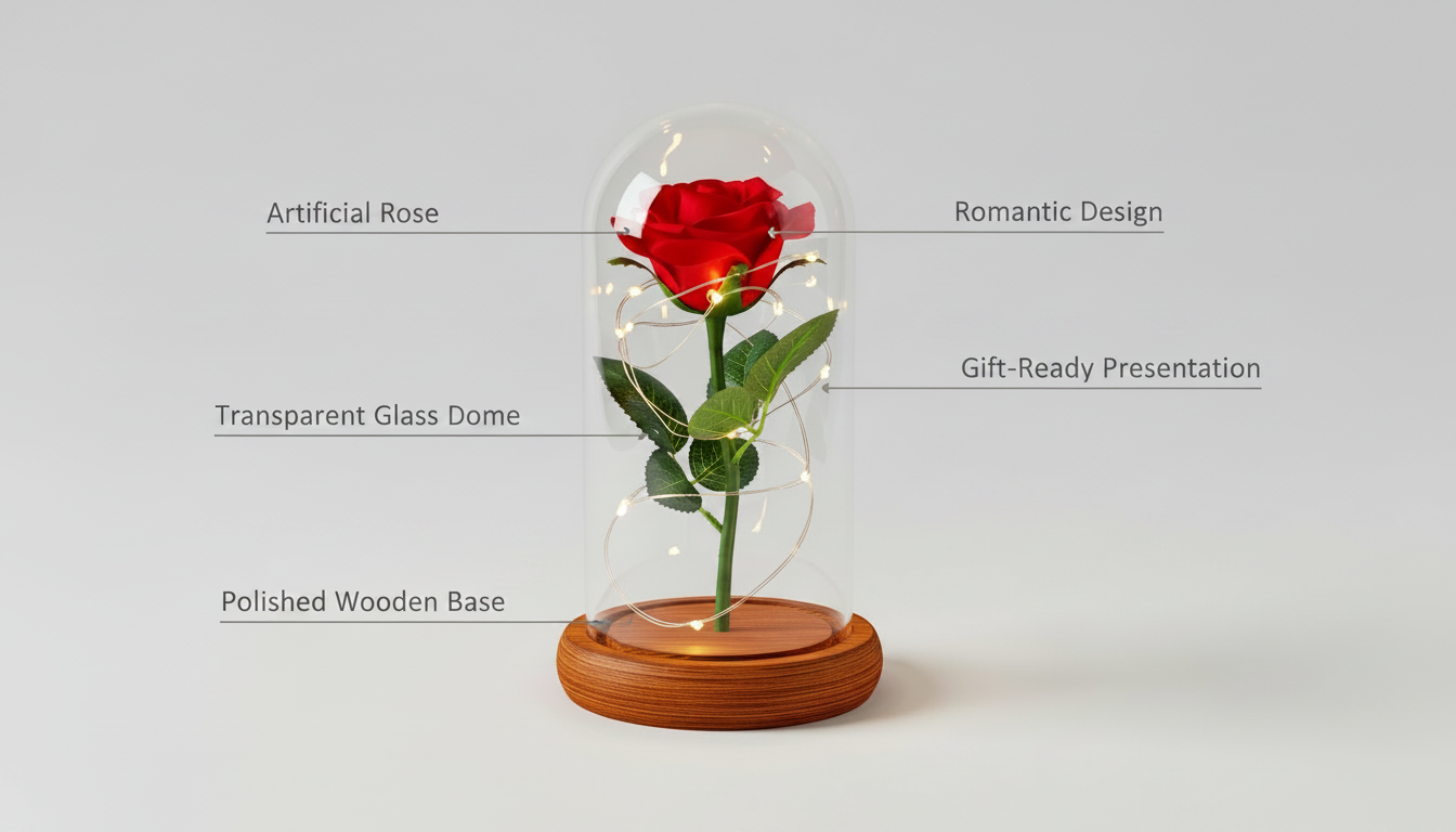Red Rose in Glass Dome with Wooden Base & LED Lights