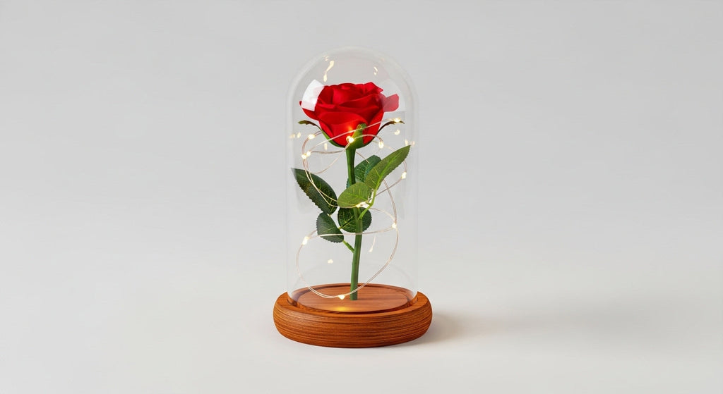 Red Rose in Glass Dome with Wooden Base & LED Lights