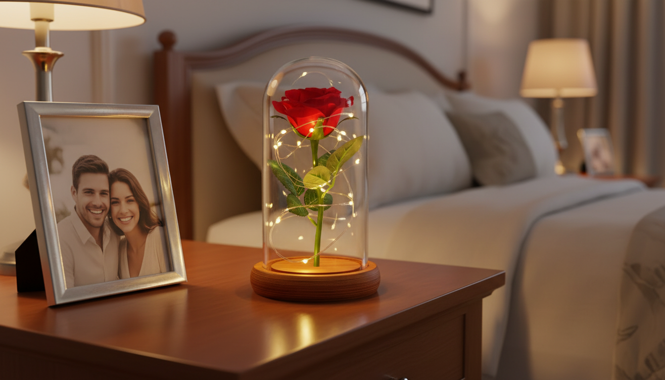 Enchanted Red Rose in Glass Dome with LED Fairy Lights