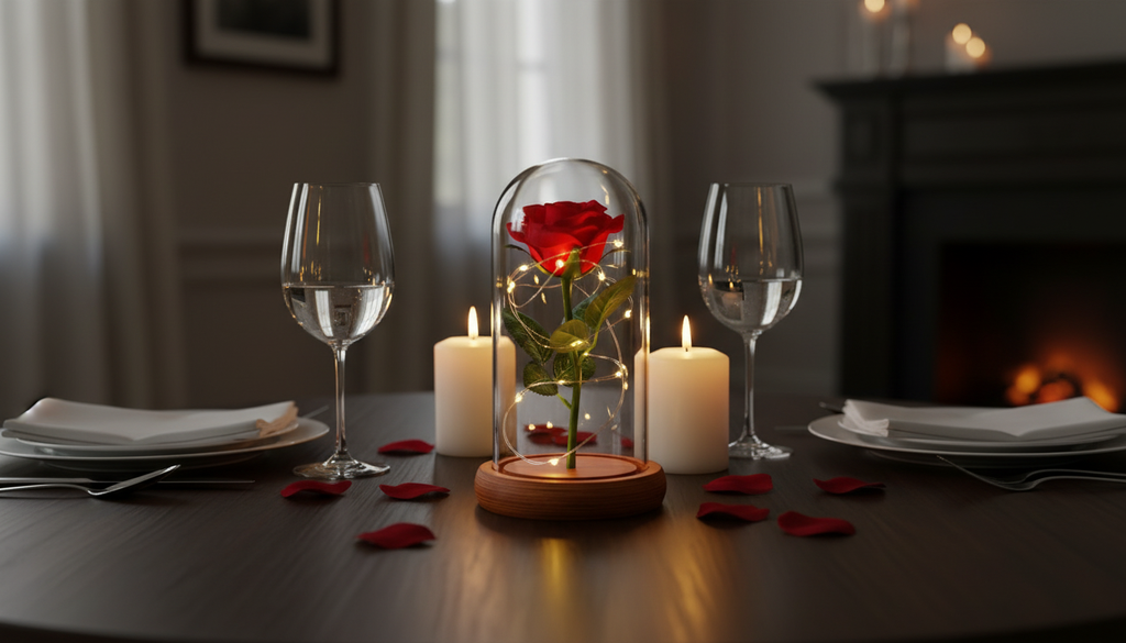 Enchanted Red Rose in Glass Dome with LED Fairy Lights