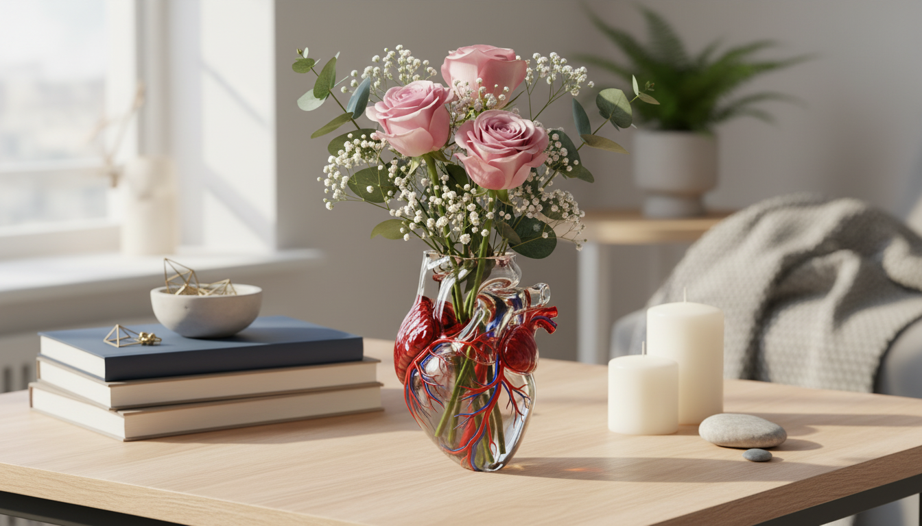 Anatomical Heart Glass Vase with Roses & Floral Arrangement