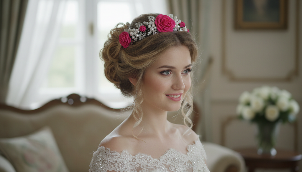 Luxury Pink Rose Floral Headband with Pearls & Silver Leaves