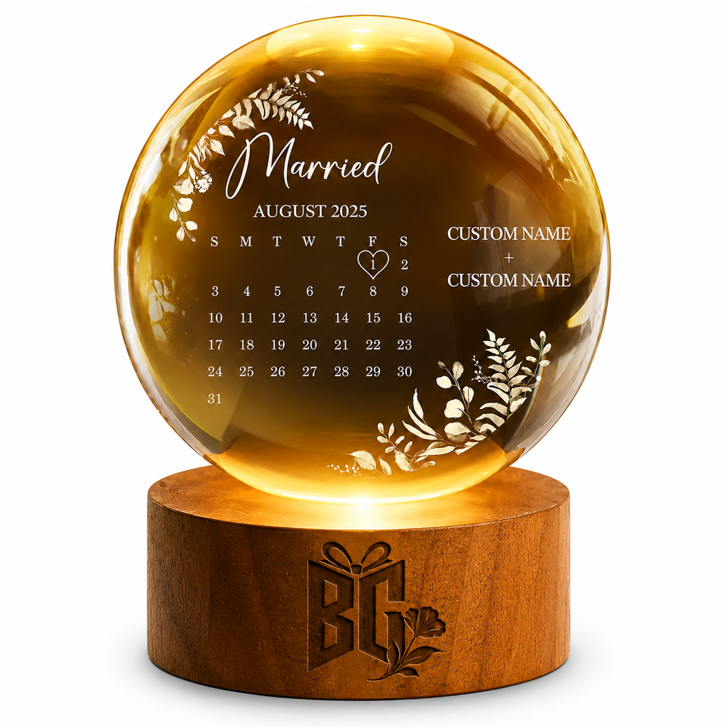 Personalized Amber Crystal Wedding Keepsake with Custom Names and Memorial Date Display