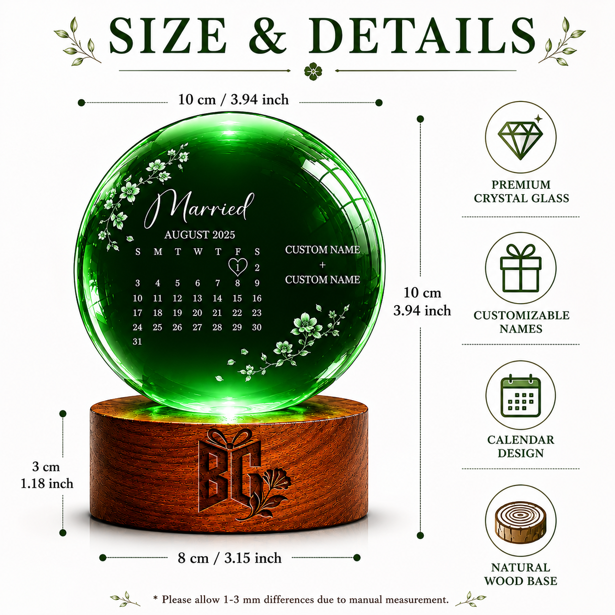 Personalized Green Crystal Wedding Keepsake with Custom Names and Special Date Display