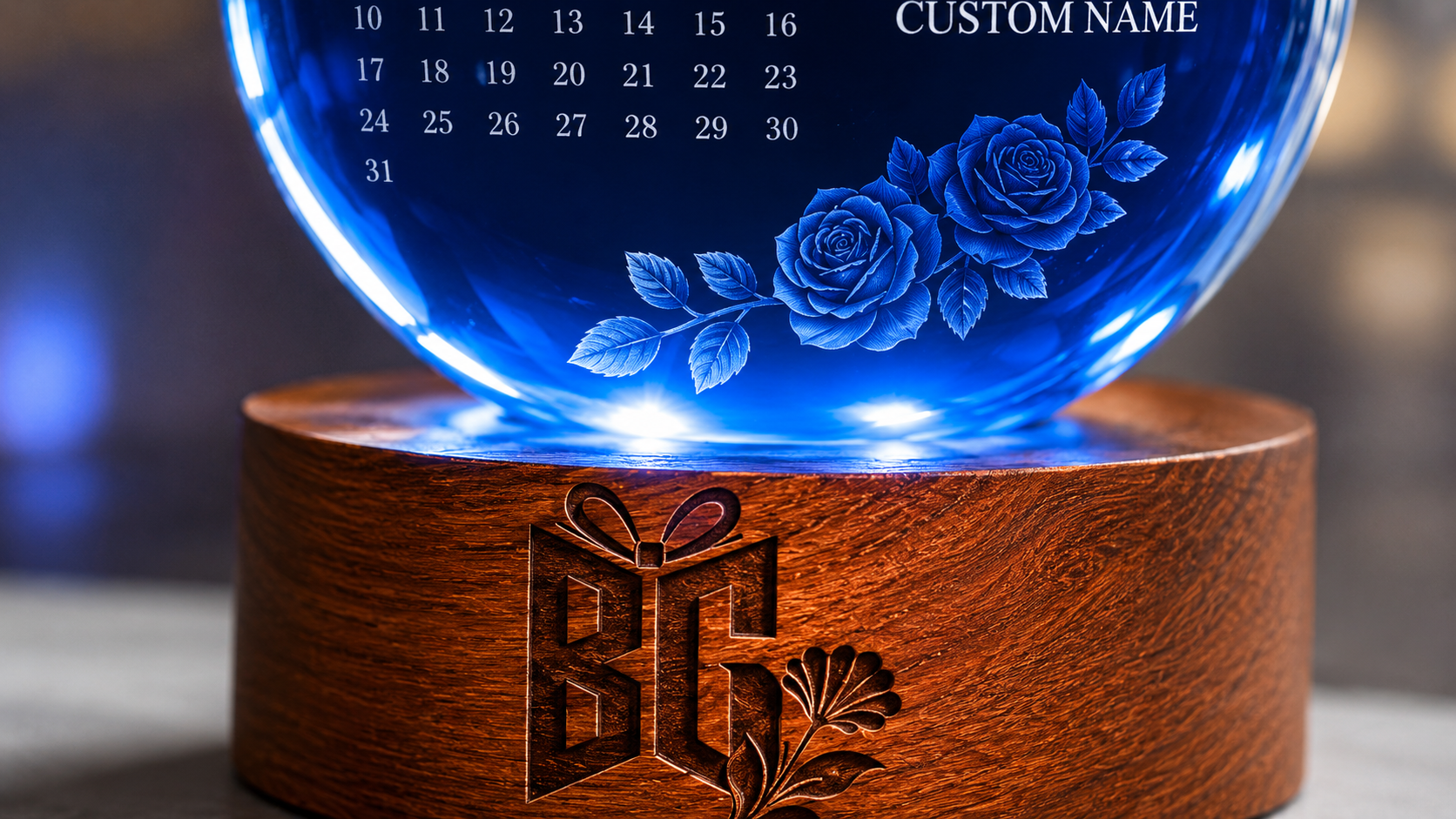 Personalized Blue Crystal Anniversary Keepsake with Custom Date and Wooden Display Base