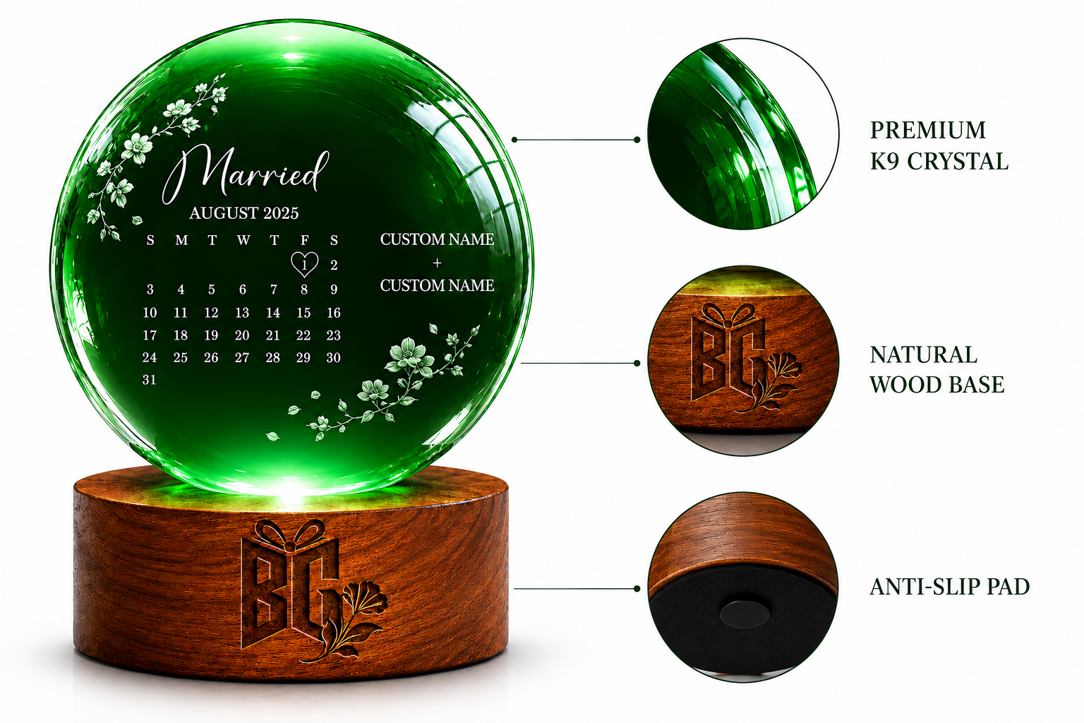 Personalized Green Crystal Wedding Keepsake with Custom Names and Special Date Display