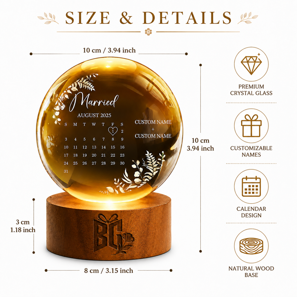 Personalized Amber Crystal Wedding Keepsake with Custom Names and Memorial Date Display