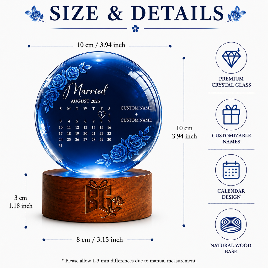Personalized Blue Crystal Anniversary Keepsake with Custom Date and Wooden Display Base
