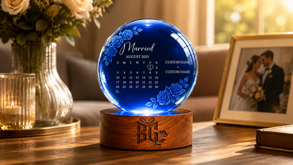 Personalized Blue Crystal Anniversary Keepsake with Custom Date and Wooden Display Base