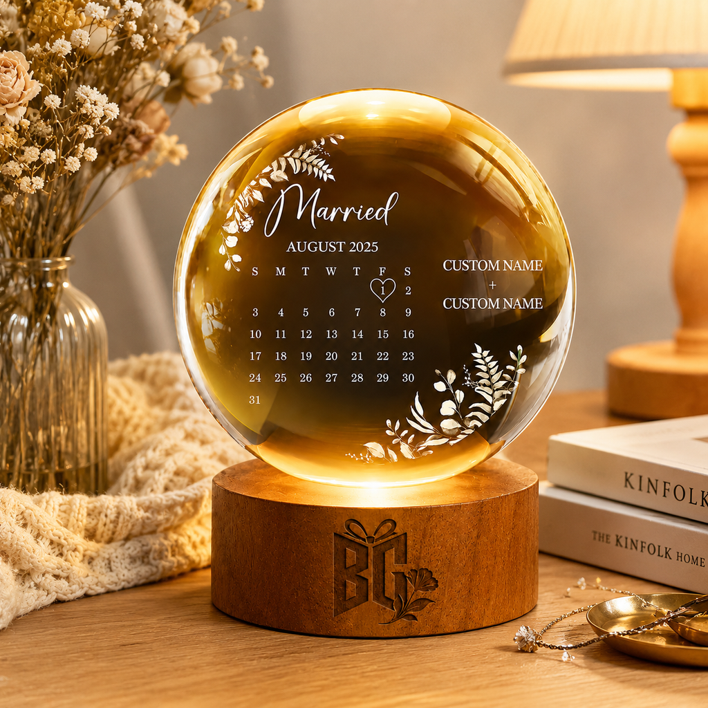 Personalized Amber Crystal Wedding Keepsake with Custom Names and Memorial Date Display