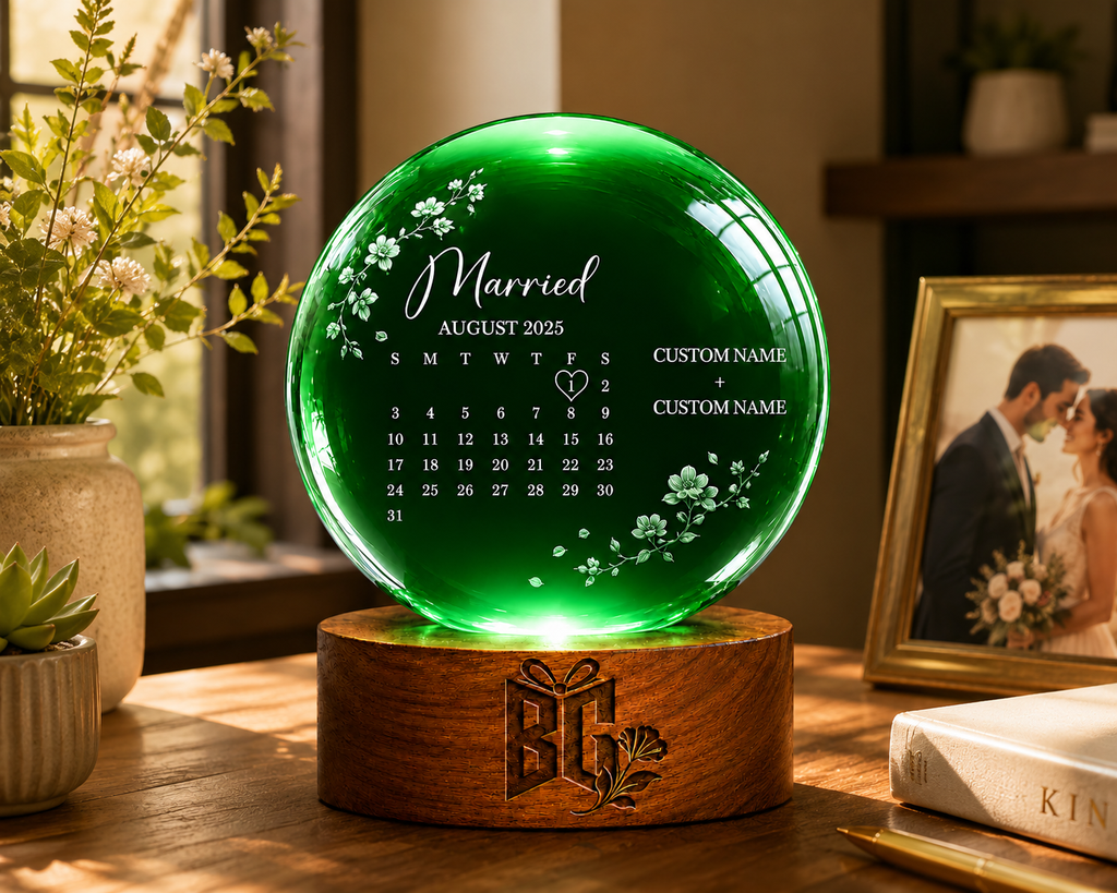 Personalized Green Crystal Wedding Keepsake with Custom Names and Special Date Display