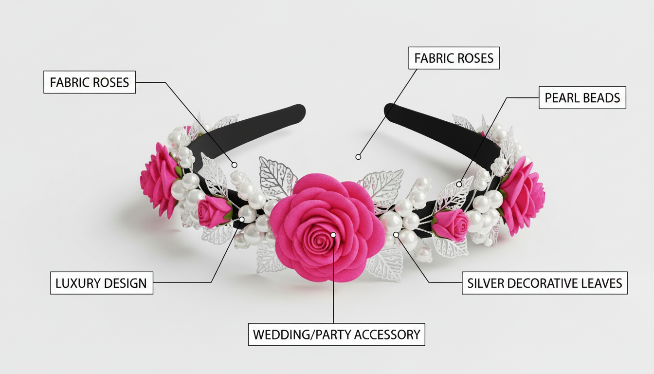 Luxury Pink Rose Floral Headband with Pearls & Silver Leaves
