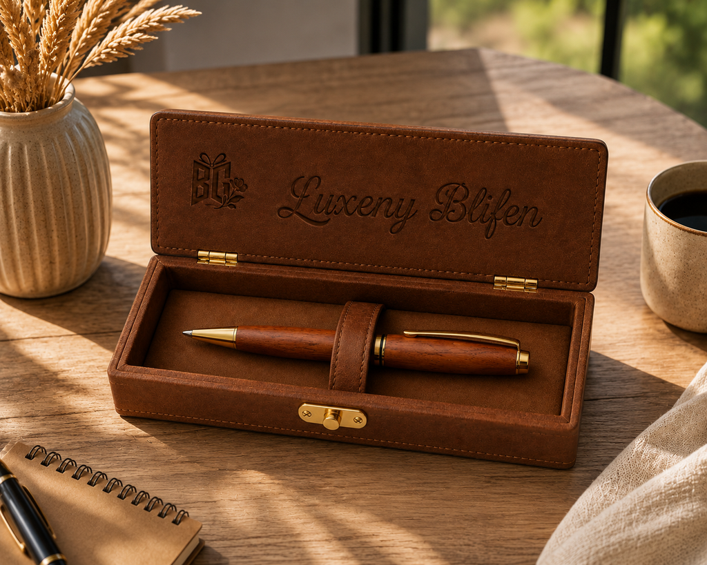 Luxury Wooden Ballpoint Pen Gift Set with Premium Brown Presentation Case