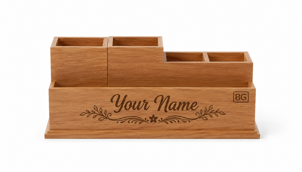 Personalised Wooden Desk Organiser with Engraved Design