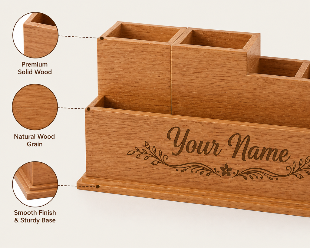 Personalised Wooden Desk Organiser with Engraved Design