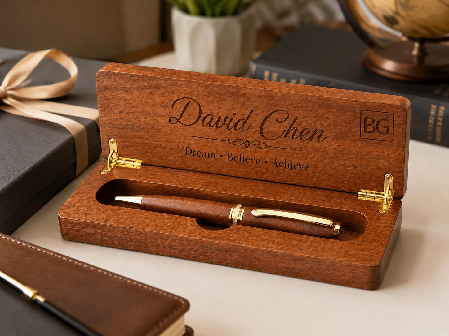 Personalised Wooden Pen Case with Engraved Pen