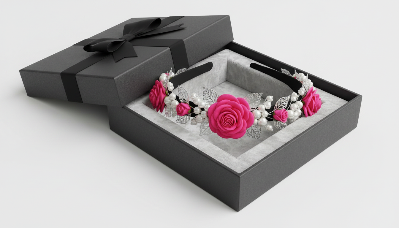 Luxury Pink Rose Floral Headband with Pearls & Silver Leaves