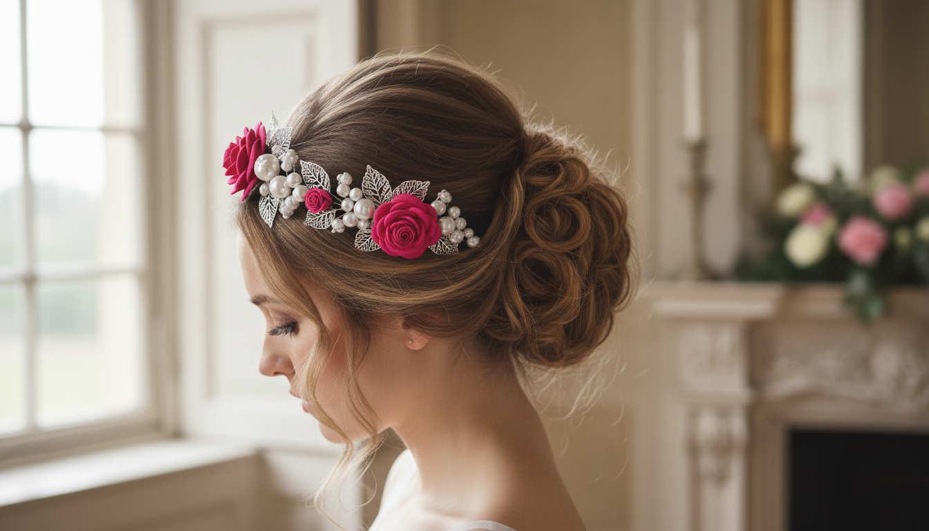 Luxury Pink Rose Floral Headband with Pearls & Silver Leaves
