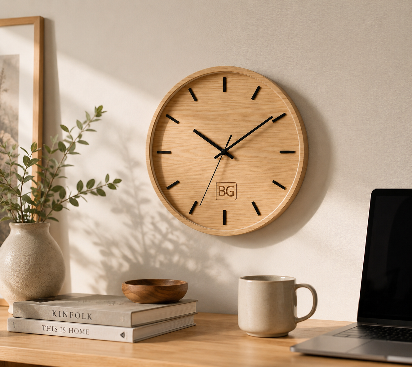 Minimalist Wooden Wall Clock with Black Hands & Hour Markers