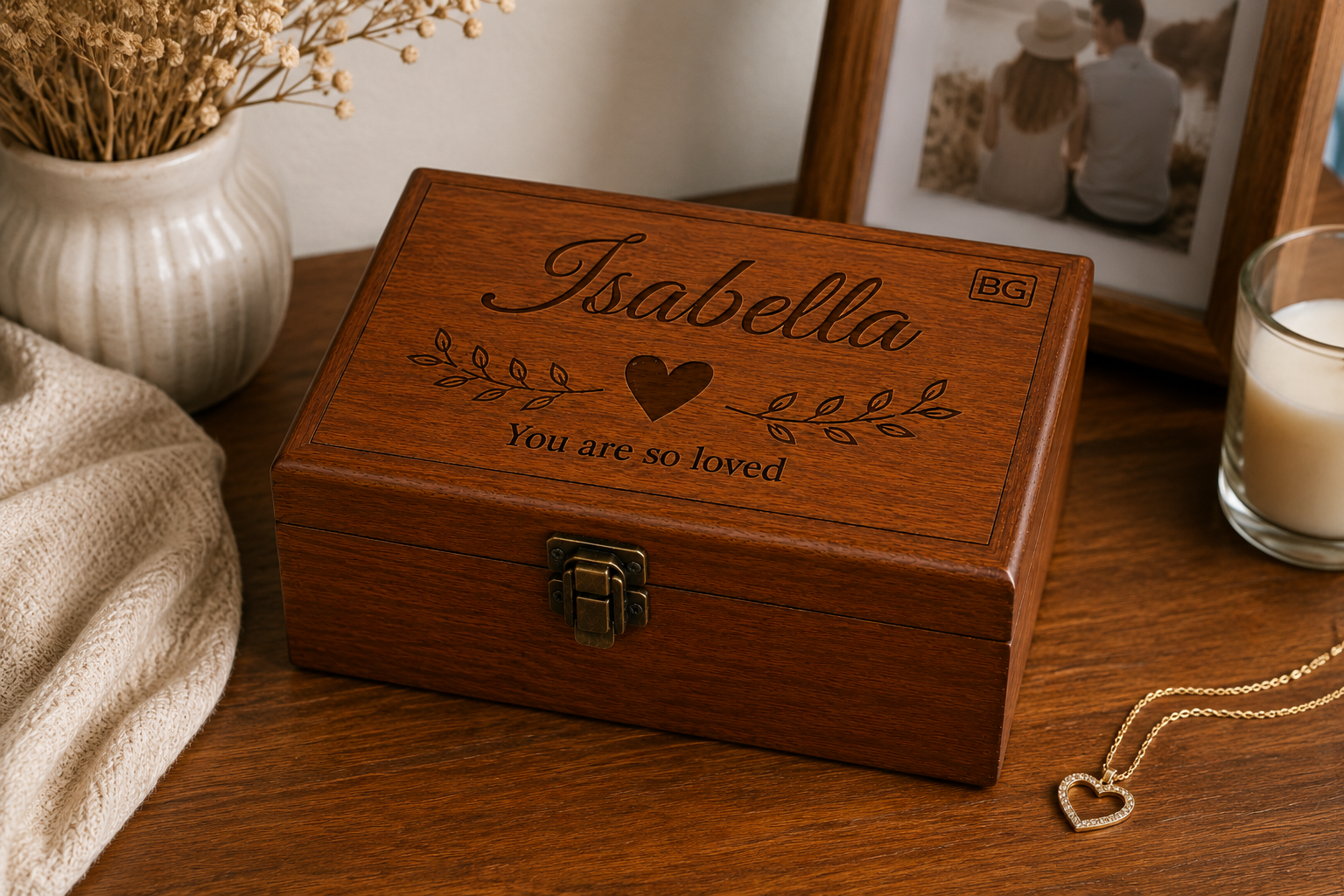 Personalised Wooden Keepsake Box with Engraved Design