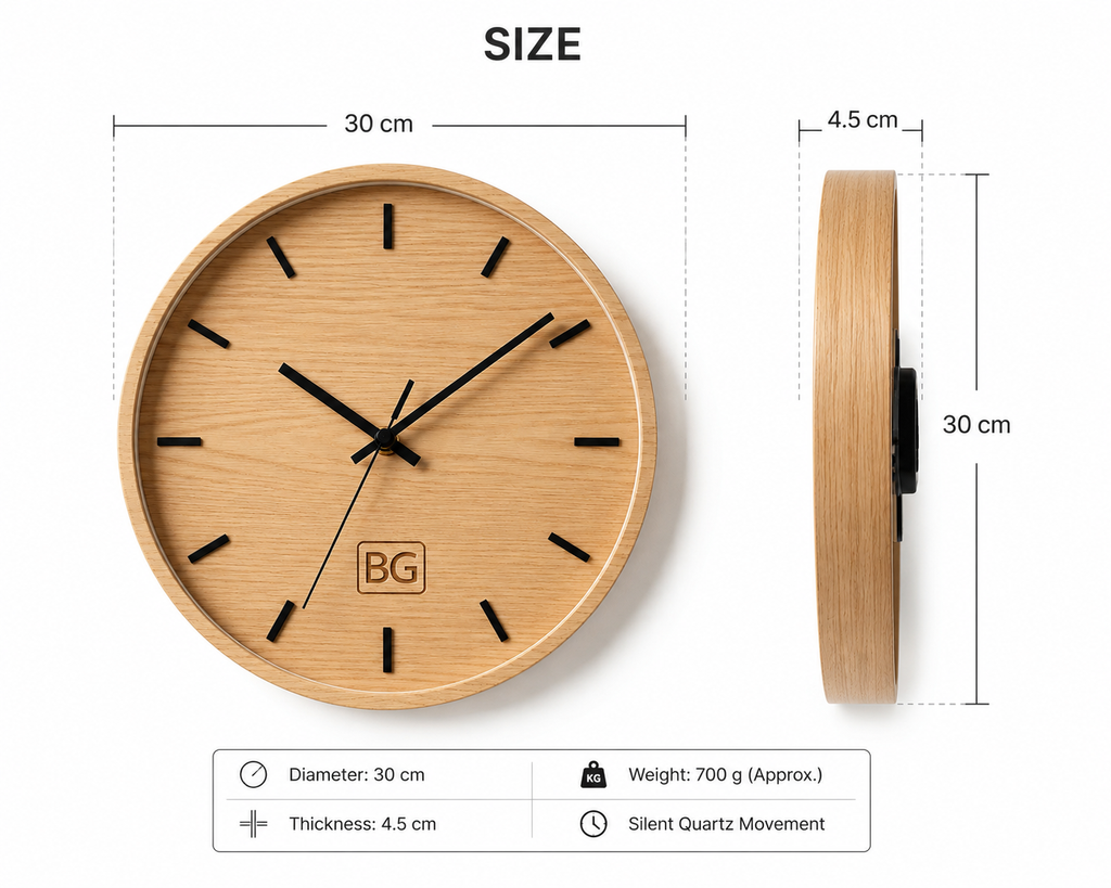 Minimalist Wooden Wall Clock with Black Hands & Hour Markers