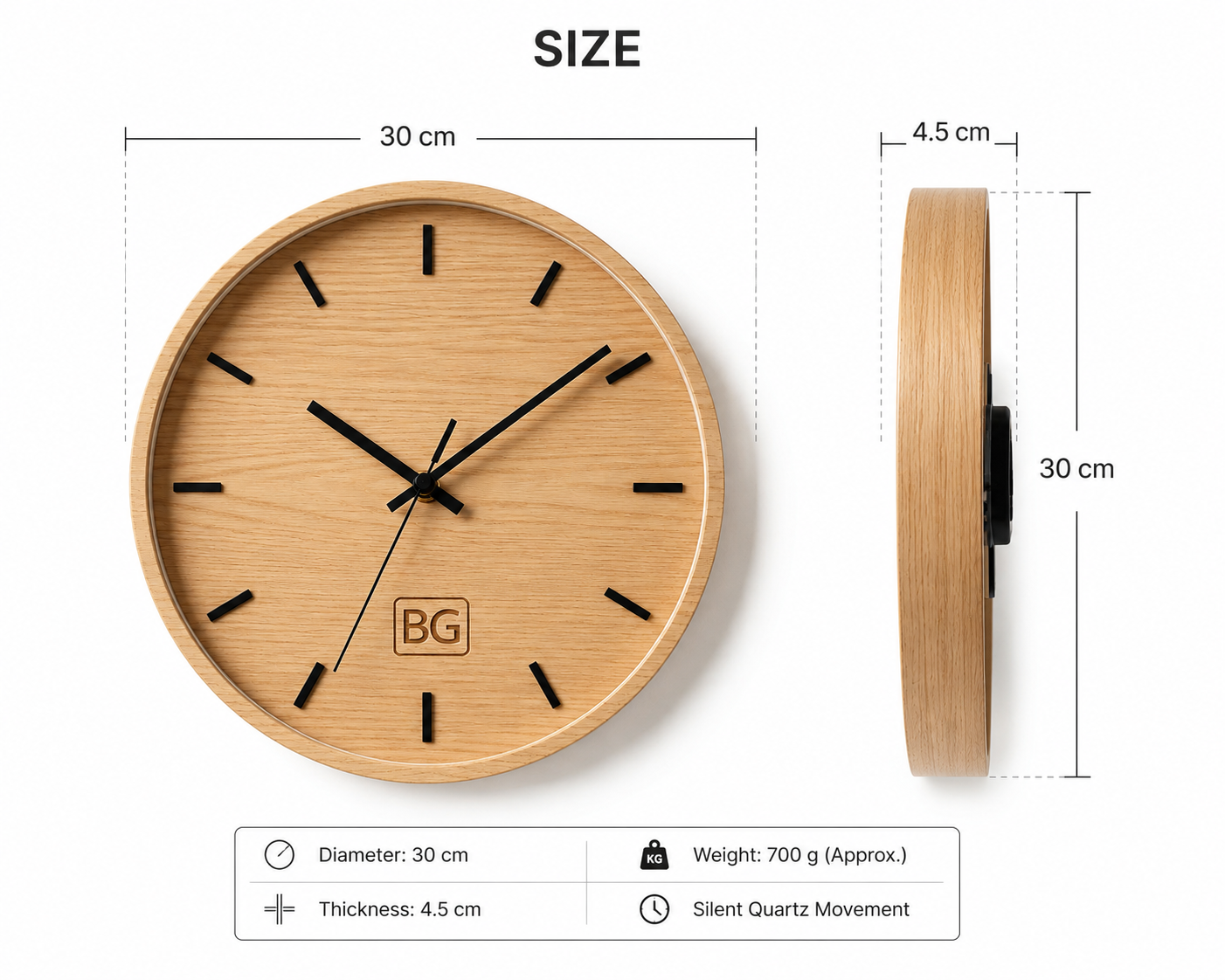Minimalist Wooden Wall Clock with Black Hands & Hour Markers