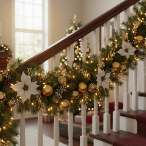 Festive Christmas Garland with Poinsettias, Gold Ornaments & Pinecones