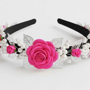 Pink Rose Headband with Pearls & Silver Leaves
