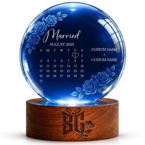 Personalized Blue Crystal Anniversary Keepsake with Custom Date and Wooden Display Base